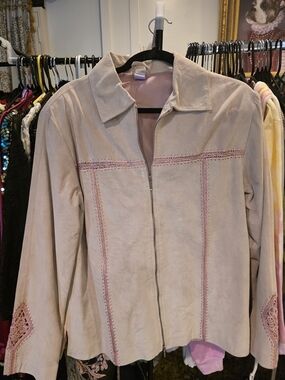 Vintage Western Leather Virginia Slims jacket with light pink lace detailing.